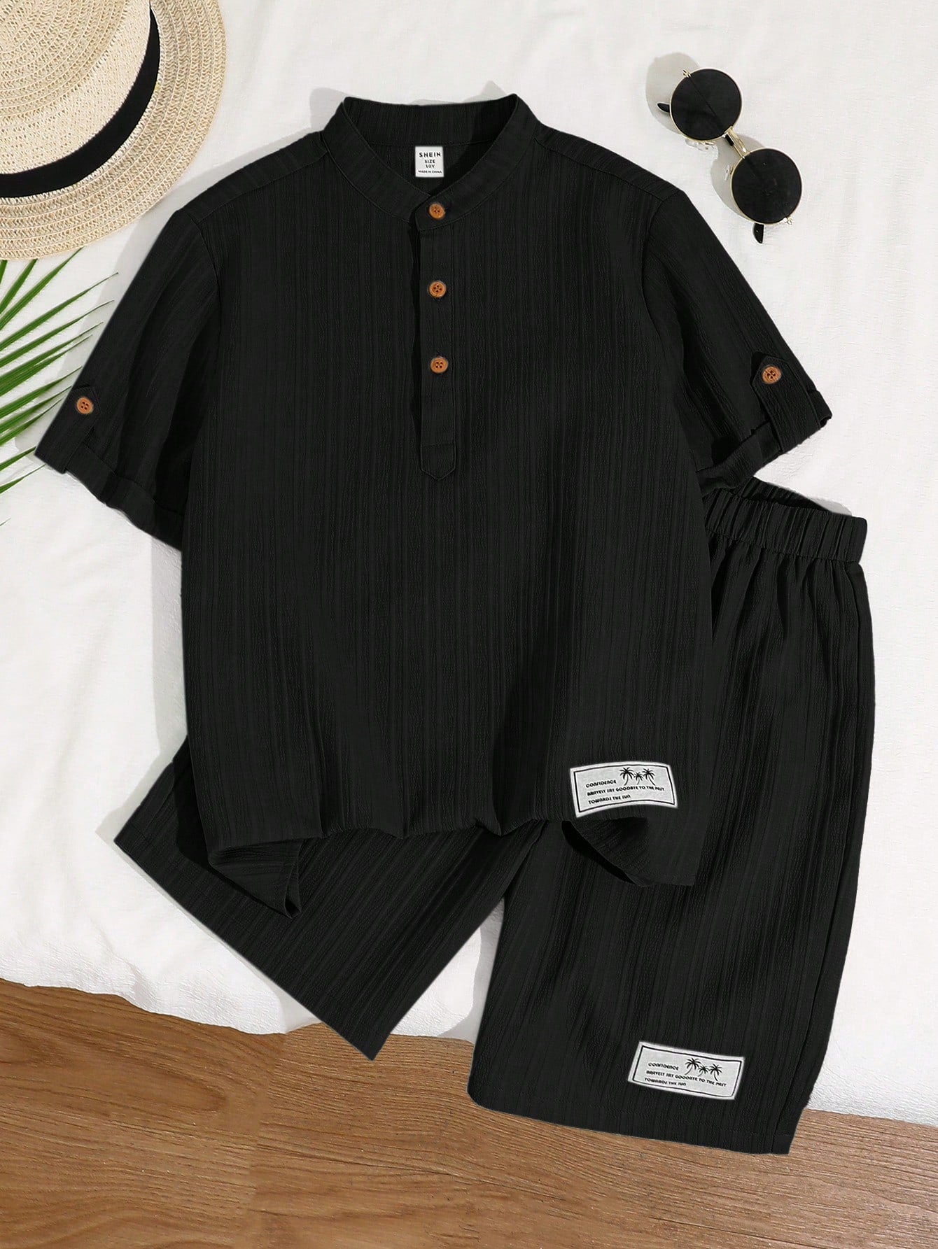 2pcs Tween Boy Dusty Blue Casual Lapel Half-Zip Short Sleeve Shirt & Shorts Set,Summer Vacation Outfit For School,Performance,Wedding,Holiday Party