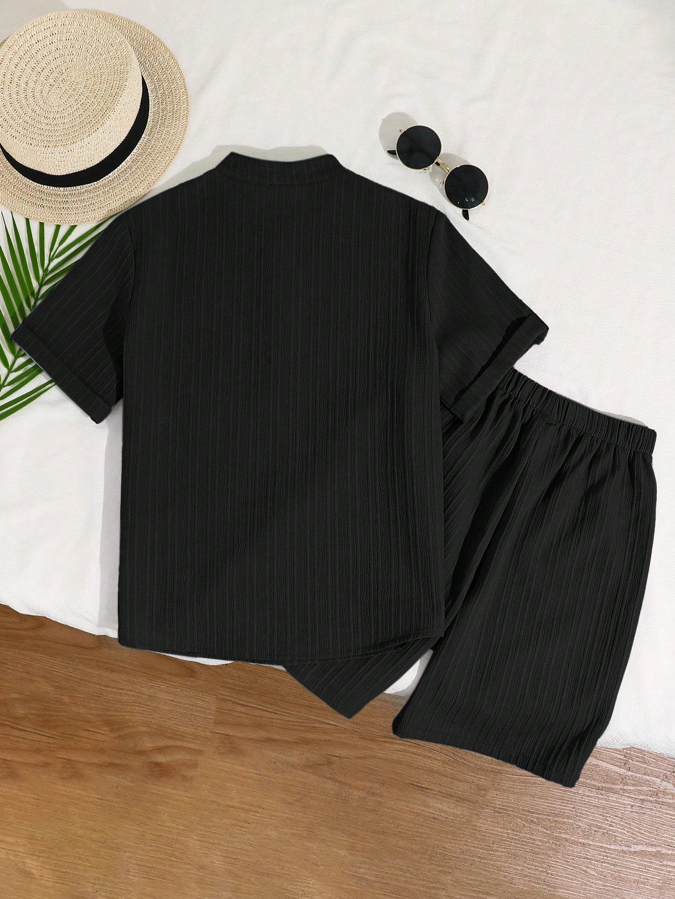 2pcs Tween Boy Dusty Blue Casual Lapel Half-Zip Short Sleeve Shirt & Shorts Set,Summer Vacation Outfit For School,Performance,Wedding,Holiday Party
