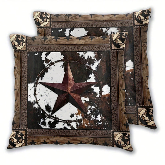2pcs Vintage Western Farm Animal Faux Suede Decorative Pillow Cover Set, Brown Star Print, Hand Wash Only, Zipper Closure, Bedroom Decor, Woven Polyester, 17.7x17.7in Without Insert
