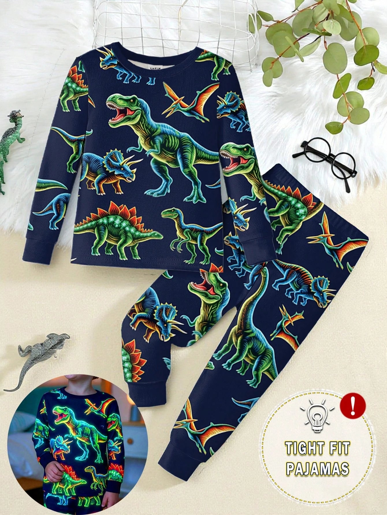 2pcs Young Boys Glow-In-The-Dark Colorful Dinosaur Print Pajama Set, Long Sleeve Top And Pants, Navy Blue Snug Fit Knit Winter Family Matching