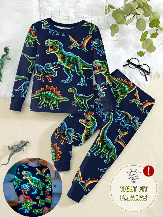 2pcs Young Boys Glow-In-The-Dark Colorful Dinosaur Print Pajama Set, Long Sleeve Top And Pants, Navy Blue Snug Fit Knit Winter Family Matching