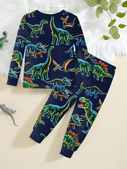 2pcs Young Boys Glow-In-The-Dark Colorful Dinosaur Print Pajama Set, Long Sleeve Top And Pants, Navy Blue Snug Fit Knit Winter Family Matching