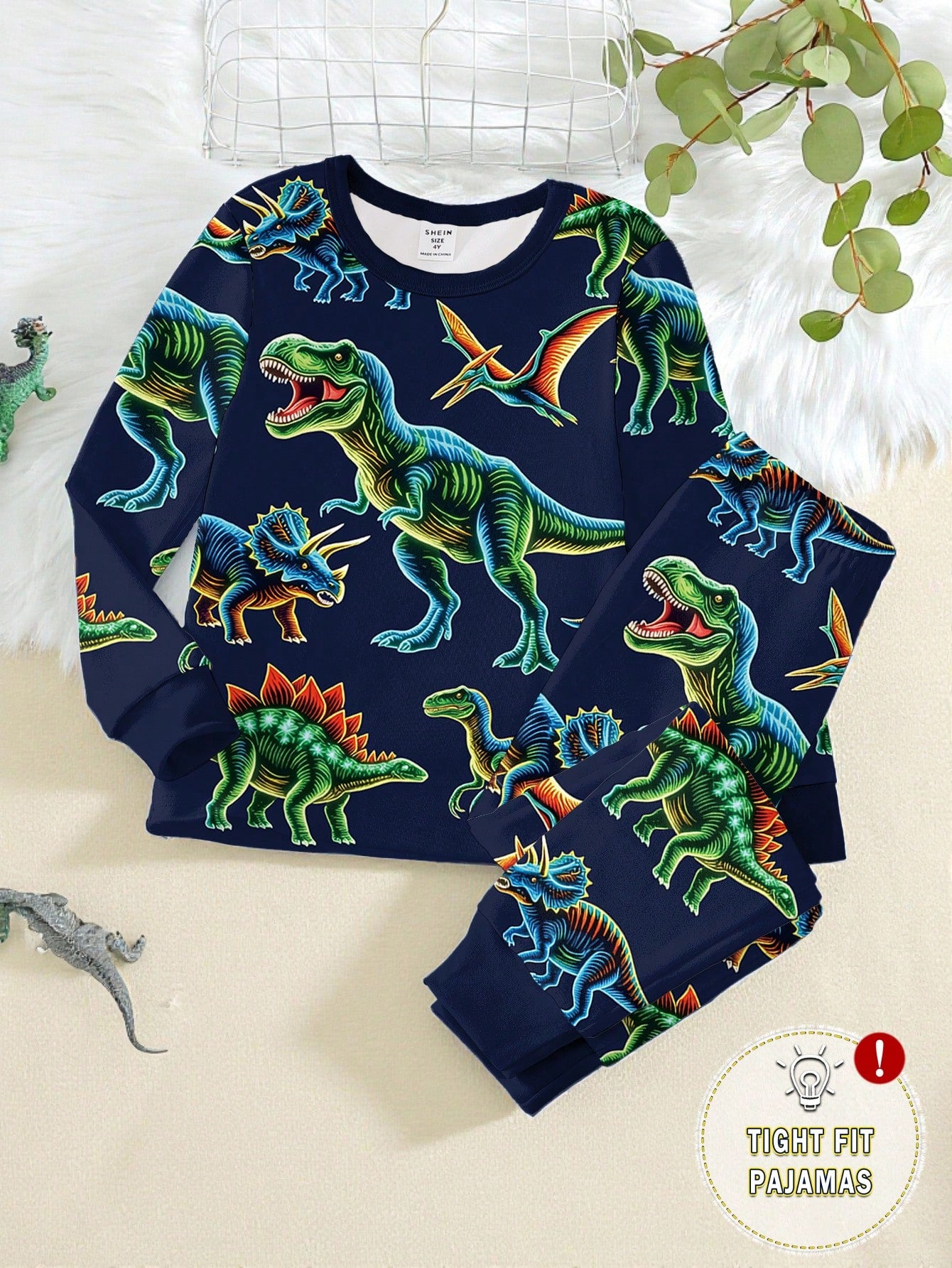 2pcs Young Boys Glow-In-The-Dark Colorful Dinosaur Print Pajama Set, Long Sleeve Top And Pants, Navy Blue Snug Fit Knit Winter Family Matching