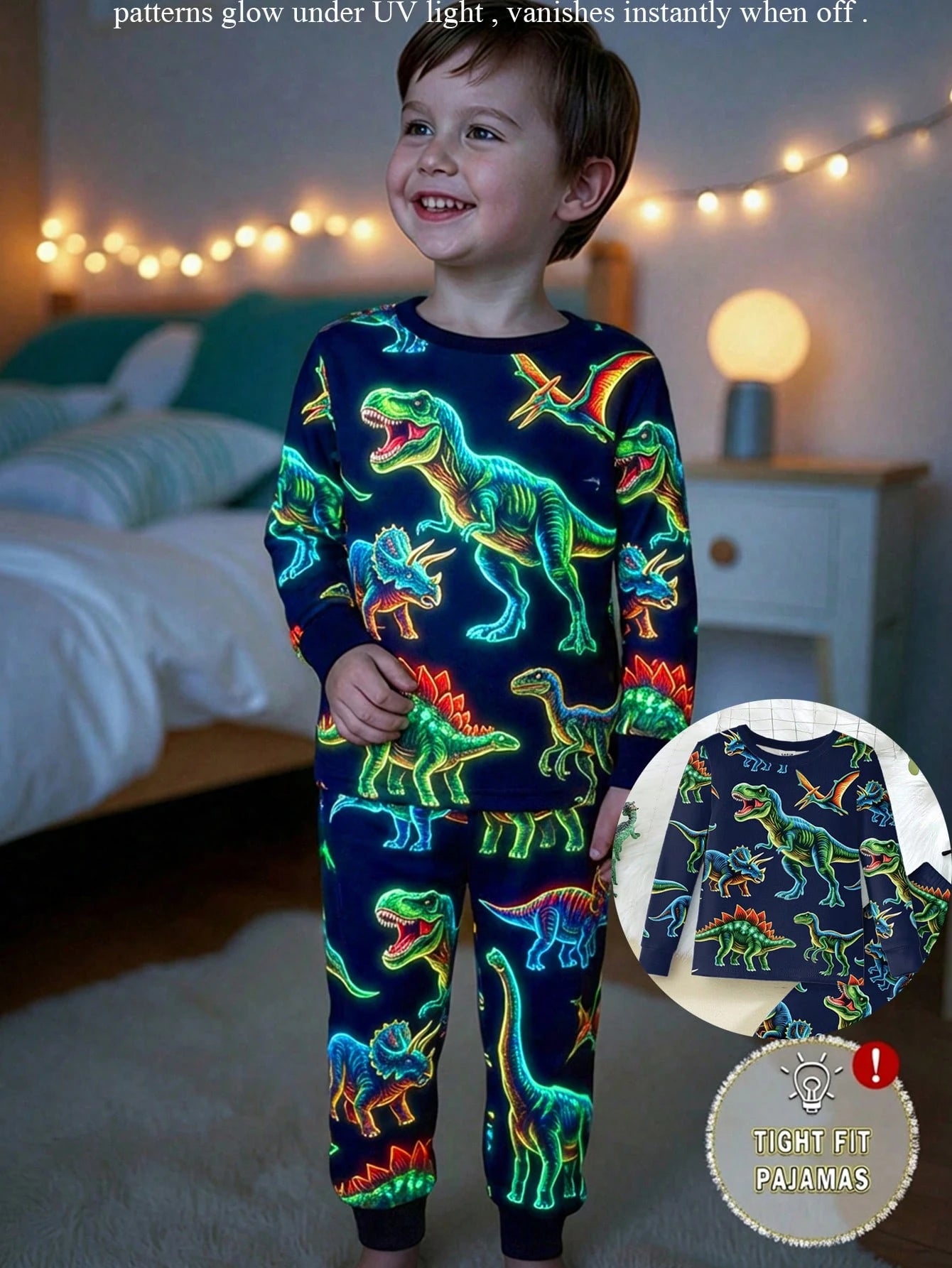 2pcs Young Boys Glow-In-The-Dark Colorful Dinosaur Print Pajama Set, Long Sleeve Top And Pants, Navy Blue Snug Fit Knit Winter Family Matching