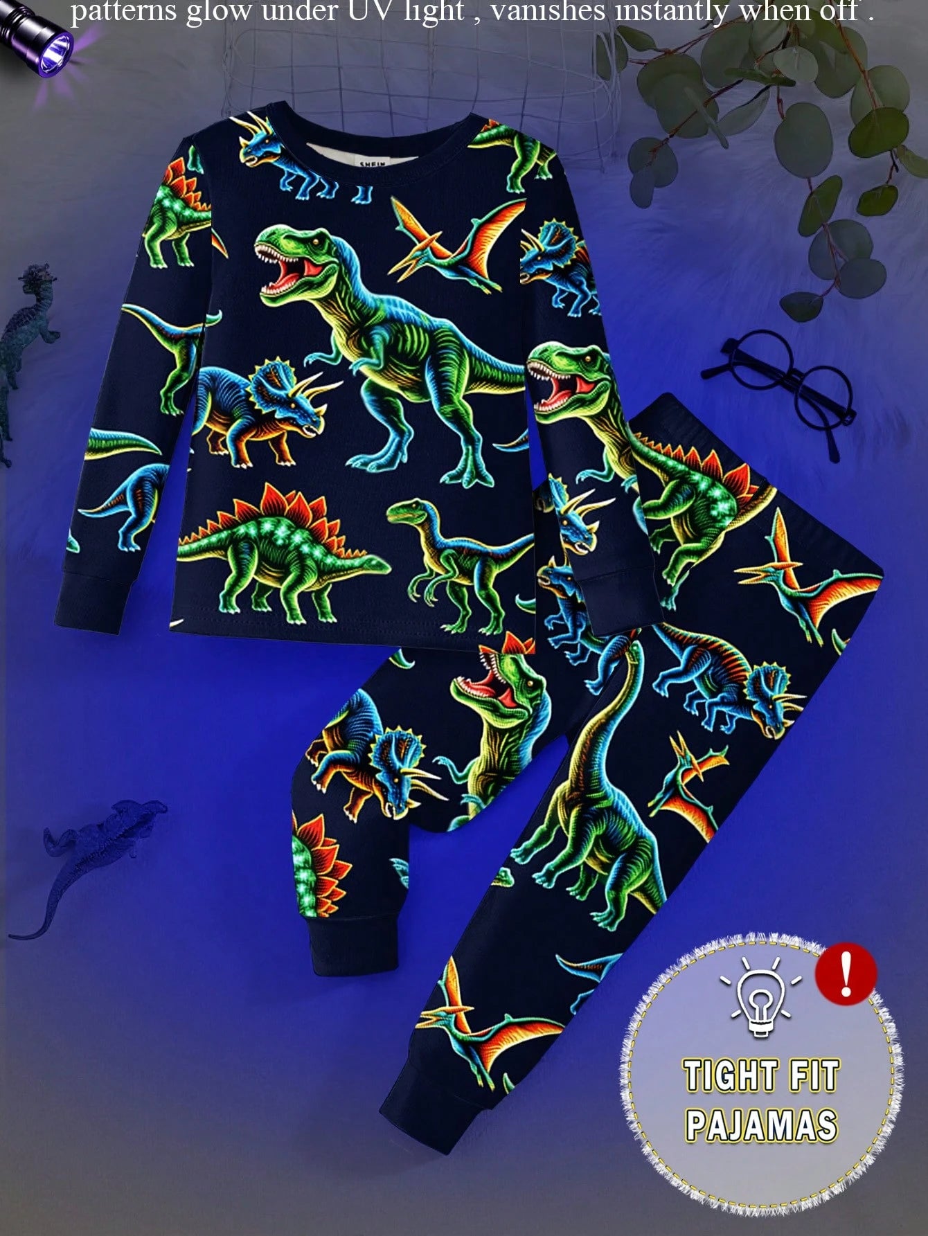 2pcs Young Boys Glow-In-The-Dark Colorful Dinosaur Print Pajama Set, Long Sleeve Top And Pants, Navy Blue Snug Fit Knit Winter Family Matching