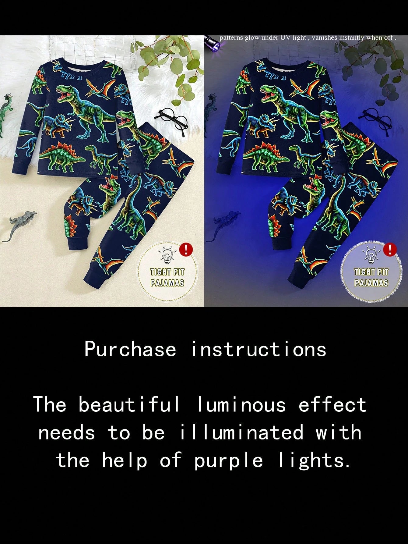 2pcs Young Boys Glow-In-The-Dark Colorful Dinosaur Print Pajama Set, Long Sleeve Top And Pants, Navy Blue Snug Fit Knit Winter Family Matching