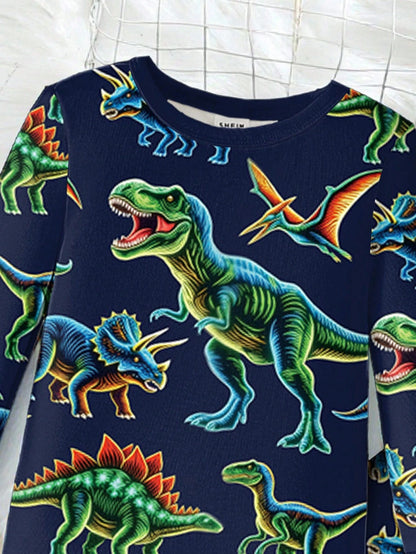 2pcs Young Boys Glow-In-The-Dark Colorful Dinosaur Print Pajama Set, Long Sleeve Top And Pants, Navy Blue Snug Fit Knit Winter Family Matching