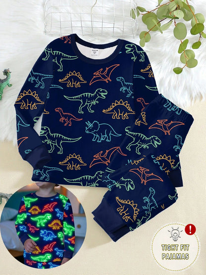 2pcs Young Boys Glow-In-The-Dark Colorful Dinosaur Print Pajama Set, Long Sleeve Top And Pants, Navy Blue Snug Fit Knit Winter Family Matching