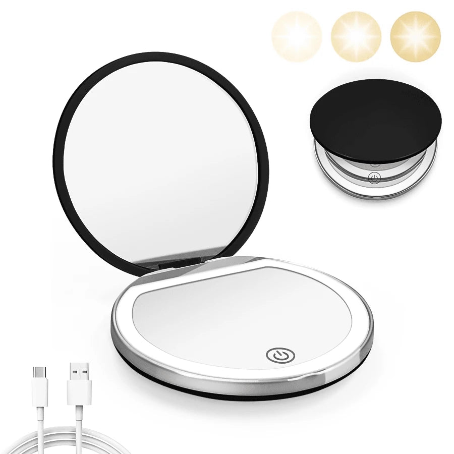2X Magnifying Lighted Makeup Mirror, 3 Brightness Levels, Portable Foldable Round LED Mirror, Single-Sided 2X Magnification, Mini USB Rechargeable Illuminated Mirror, Unique Gift For Men And Women