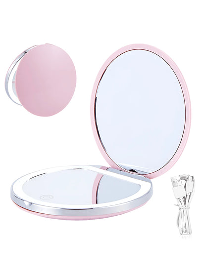 2X Magnifying Lighted Makeup Mirror, 3 Brightness Levels, Portable Foldable Round LED Mirror, Single-Sided 2X Magnification, Mini USB Rechargeable Illuminated Mirror, Unique Gift For Men And Women