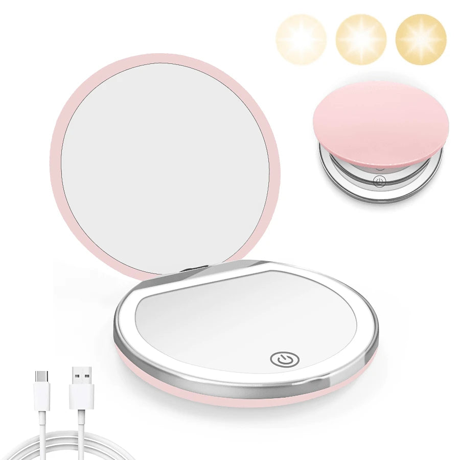 2X Magnifying Lighted Makeup Mirror, 3 Brightness Levels, Portable Foldable Round LED Mirror, Single-Sided 2X Magnification, Mini USB Rechargeable Illuminated Mirror, Unique Gift For Men And Women