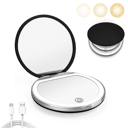 2X Magnifying Lighted Makeup Mirror, 3 Brightness Levels, Portable Foldable Round LED Mirror, Single-Sided 2X Magnification, Mini USB Rechargeable Illuminated Mirror, Unique Gift For Men And Women