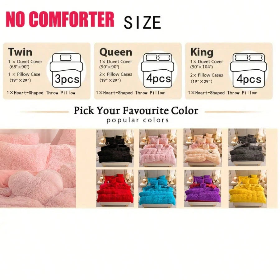 3/4 Pc Plush Comforter Cover Set- Ultra Soft Fluffy Duvet Cover With 1/2 Pillowcases & 1 Heart Shaped Pillow For Cozy Warm Bedding