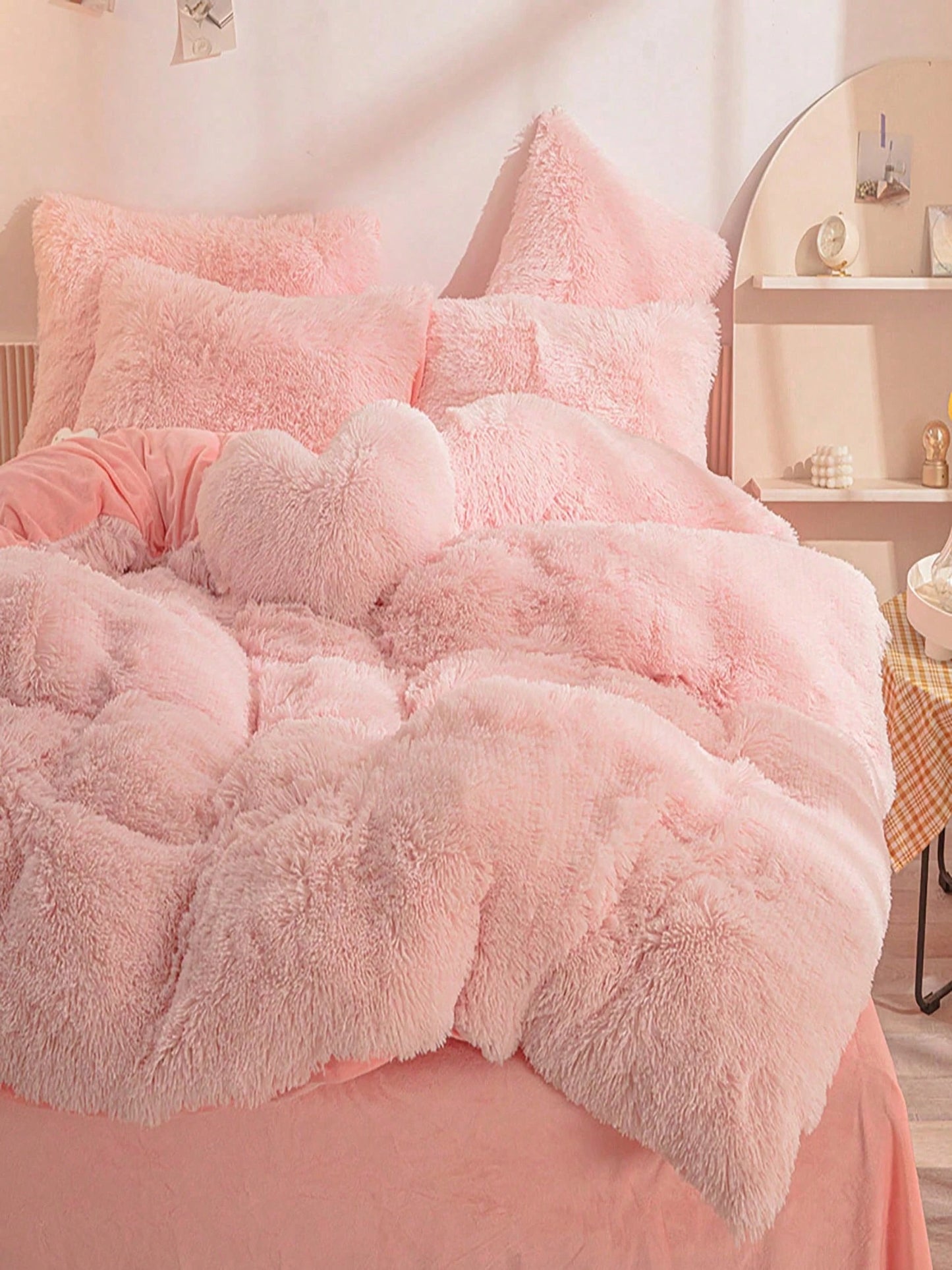 3/4 Pc Plush Comforter Cover Set- Ultra Soft Fluffy Duvet Cover With 1/2 Pillowcases & 1 Heart Shaped Pillow For Cozy Warm Bedding