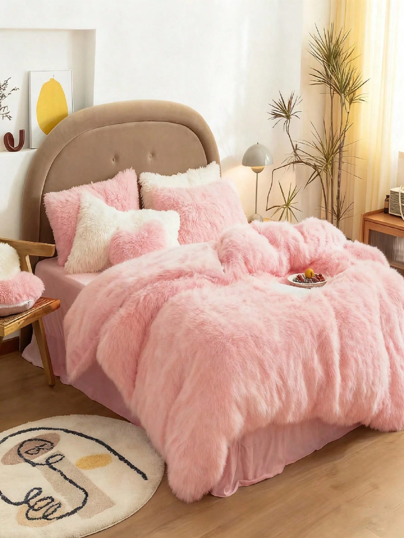 3/4 Pc Plush Comforter Cover Set- Ultra Soft Fluffy Duvet Cover With 1/2 Pillowcases & 1 Heart Shaped Pillow For Cozy Warm Bedding