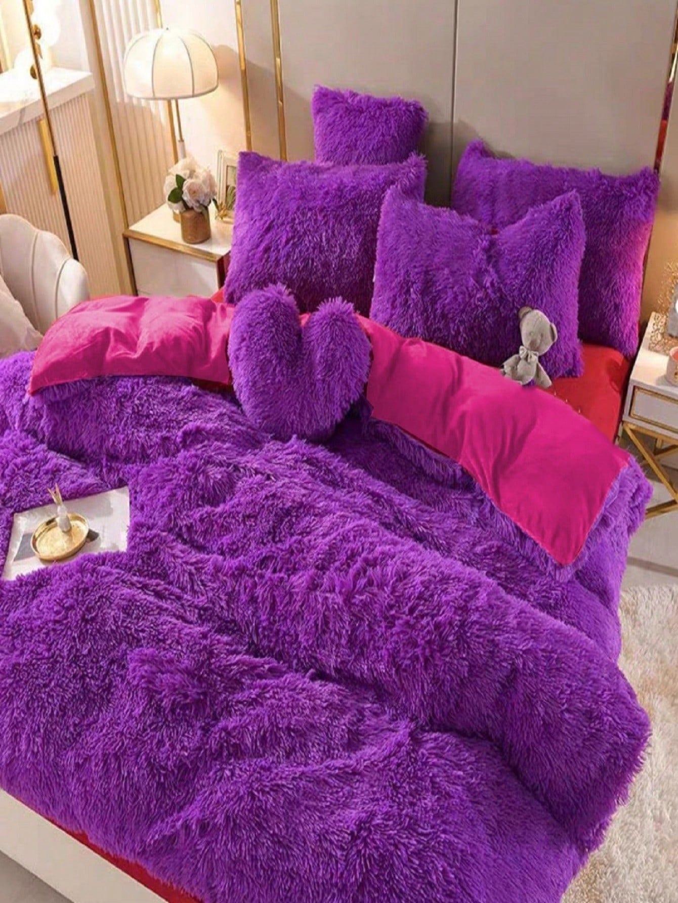 3/4 Pc Plush Comforter Cover Set- Ultra Soft Fluffy Duvet Cover With 1/2 Pillowcases & 1 Heart Shaped Pillow For Cozy Warm Bedding