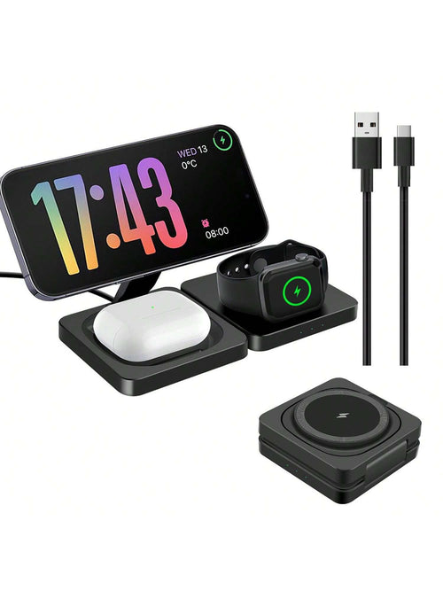 3 In 1 Charging Station, 15W Foldable Magnetic Wireless Charger, Travel Charging Pad Compatible With IPhone 17 16 15 14 13 Pro Max Plus Compatible With Apple Watch Compatible With AirPods