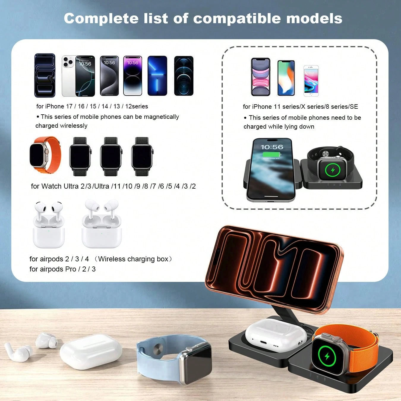 3 In 1 Charging Station, 15W Foldable Magnetic Wireless Charger, Travel Charging Pad Compatible With IPhone 17 16 15 14 13 Pro Max Plus Compatible With Apple Watch Compatible With AirPods