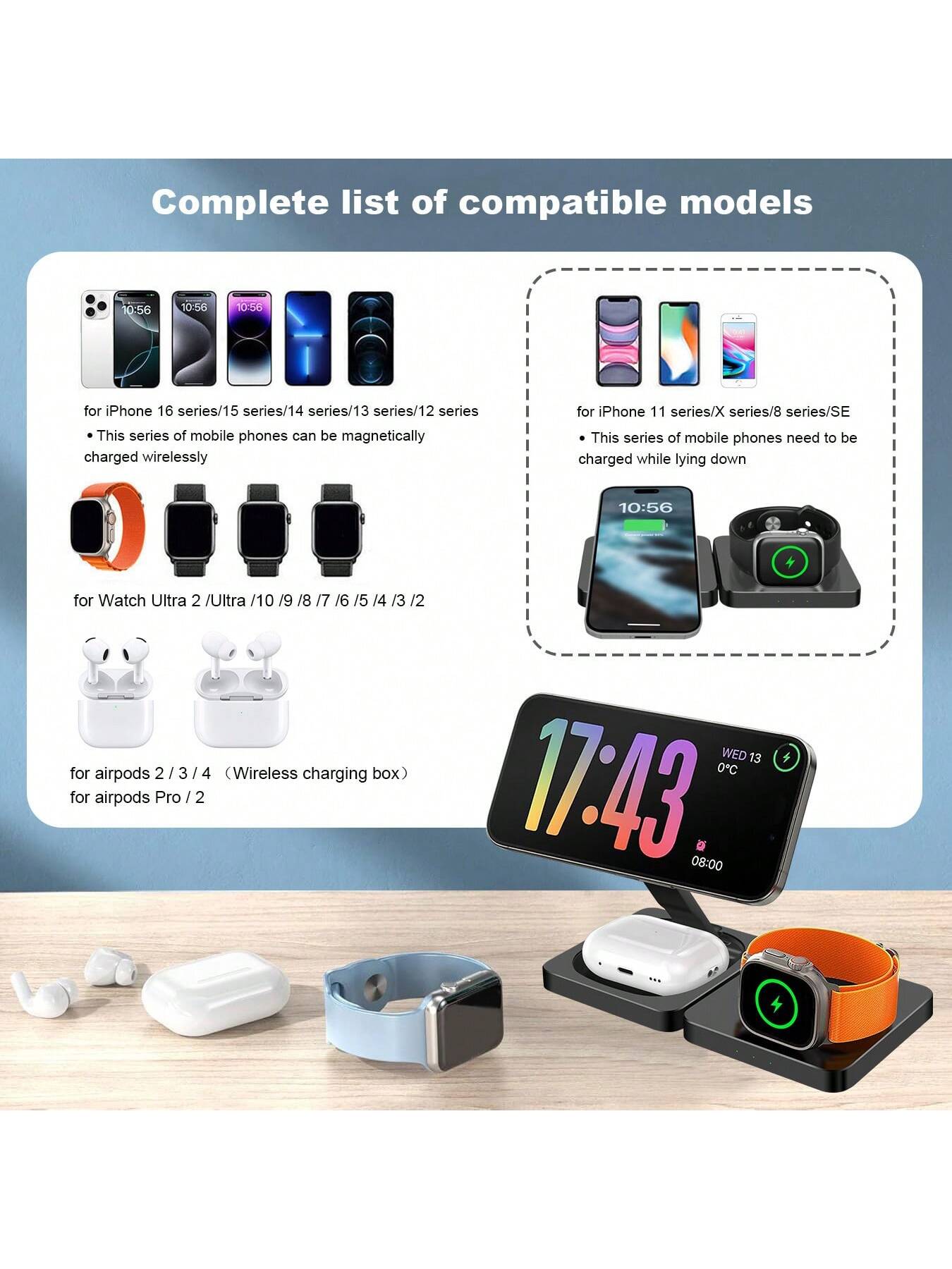 3 In 1 Charging Station, 15W Foldable Magnetic Wireless Charger, Travel Charging Pad Compatible With IPhone 17 16 15 14 13 Pro Max Plus Compatible With Apple Watch Compatible With AirPods