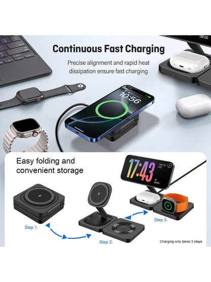3 In 1 Charging Station, 15W Foldable Magnetic Wireless Charger, Travel Charging Pad Compatible With IPhone 17 16 15 14 13 Pro Max Plus Compatible With Apple Watch Compatible With AirPods