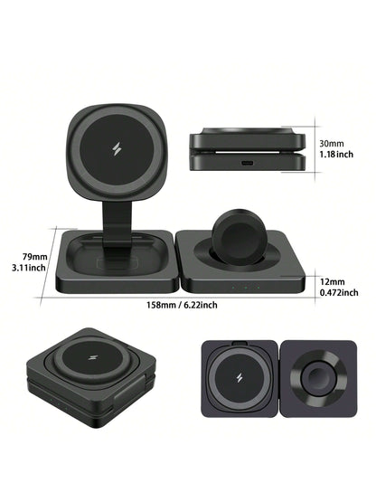 3 In 1 Charging Station, 15W Foldable Magnetic Wireless Charger, Travel Charging Pad Compatible With IPhone 17 16 15 14 13 Pro Max Plus Compatible With Apple Watch Compatible With AirPods