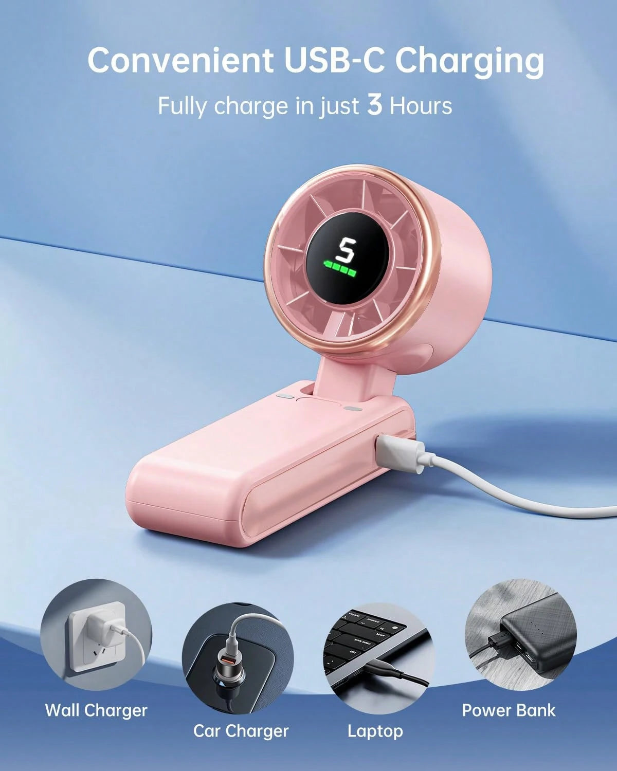 3-In-1 Foldable Handheld Fan 3600mAh Rechargeable Portable Neck Desk Fan LED Display 5-Speed Cooling Travel Makeup Summer Essential