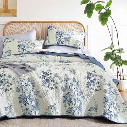 3 Piece Blue Floral Quilt Set Queen King Size, Botanical Leaf & Butterfly Pattern Bedspread Coverlet Set Bedroom Deccor, Soft Farmhouse Plants Quilts Bedding Set For Wedding Items,Home Bed Room Decor