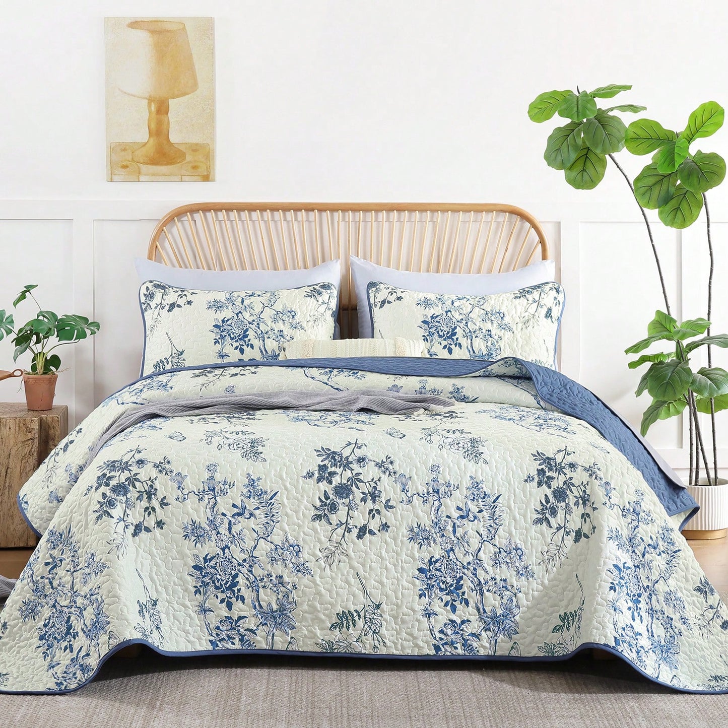 3 Piece Blue Floral Quilt Set Queen King Size, Botanical Leaf & Butterfly Pattern Bedspread Coverlet Set Bedroom Deccor, Soft Farmhouse Plants Quilts Bedding Set For Wedding Items,Home Bed Room Decor