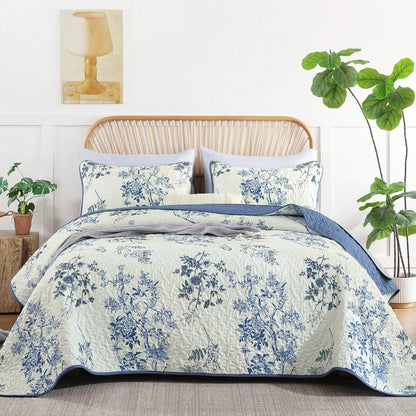 3 Piece Blue Floral Quilt Set Queen King Size, Botanical Leaf & Butterfly Pattern Bedspread Coverlet Set Bedroom Deccor, Soft Farmhouse Plants Quilts Bedding Set For Wedding Items,Home Bed Room Decor