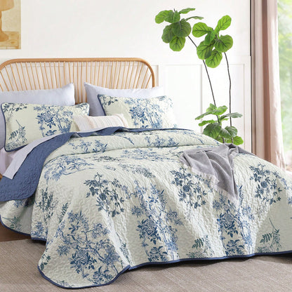 3 Piece Blue Floral Quilt Set Queen King Size, Botanical Leaf & Butterfly Pattern Bedspread Coverlet Set Bedroom Deccor, Soft Farmhouse Plants Quilts Bedding Set For Wedding Items,Home Bed Room Decor