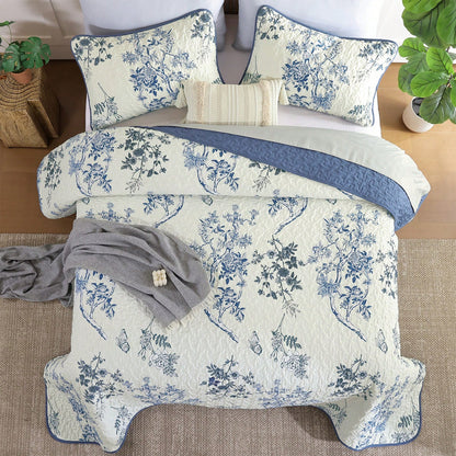 3 Piece Blue Floral Quilt Set Queen King Size, Botanical Leaf & Butterfly Pattern Bedspread Coverlet Set Bedroom Deccor, Soft Farmhouse Plants Quilts Bedding Set For Wedding Items,Home Bed Room Decor