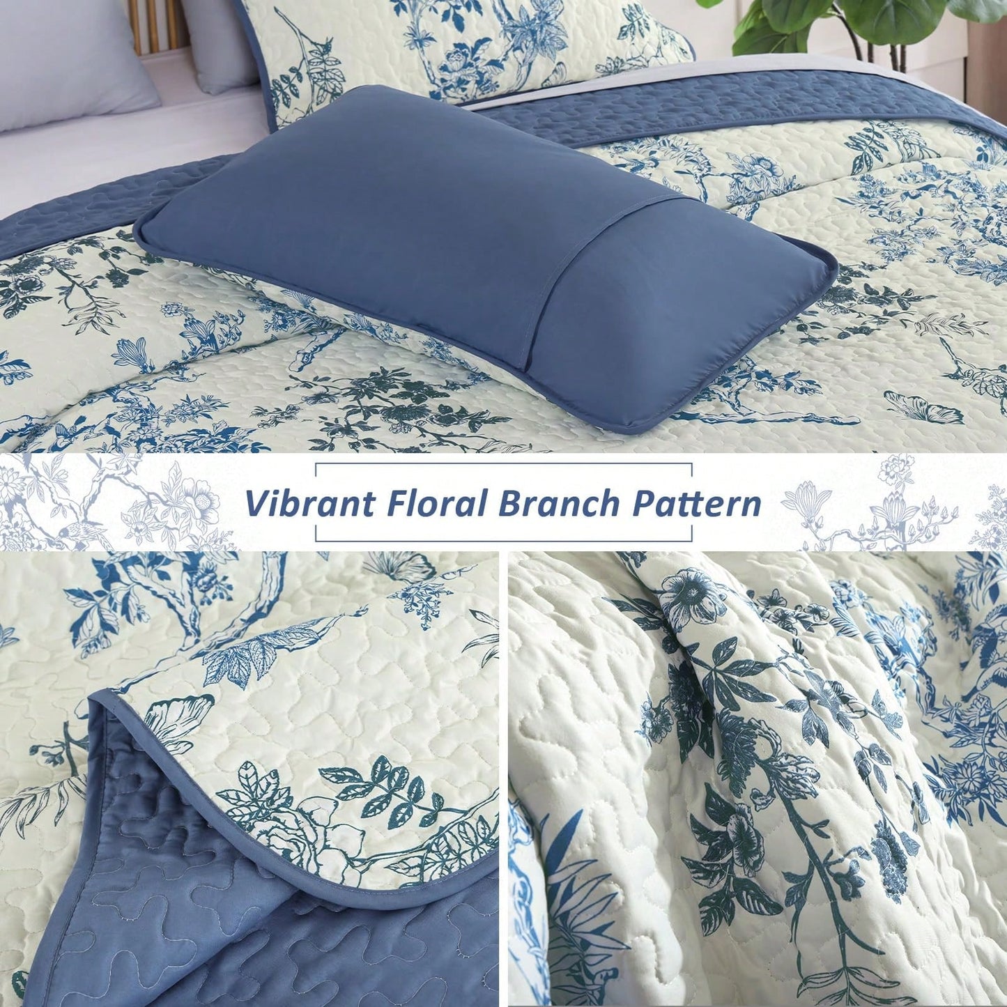 3 Piece Blue Floral Quilt Set Queen King Size, Botanical Leaf & Butterfly Pattern Bedspread Coverlet Set Bedroom Deccor, Soft Farmhouse Plants Quilts Bedding Set For Wedding Items,Home Bed Room Decor