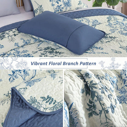 3 Piece Blue Floral Quilt Set Queen King Size, Botanical Leaf & Butterfly Pattern Bedspread Coverlet Set Bedroom Deccor, Soft Farmhouse Plants Quilts Bedding Set For Wedding Items,Home Bed Room Decor