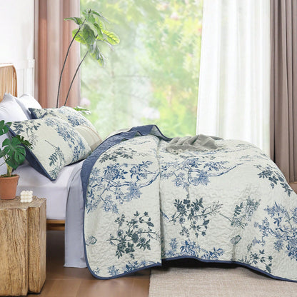 3 Piece Blue Floral Quilt Set Queen King Size, Botanical Leaf & Butterfly Pattern Bedspread Coverlet Set Bedroom Deccor, Soft Farmhouse Plants Quilts Bedding Set For Wedding Items,Home Bed Room Decor