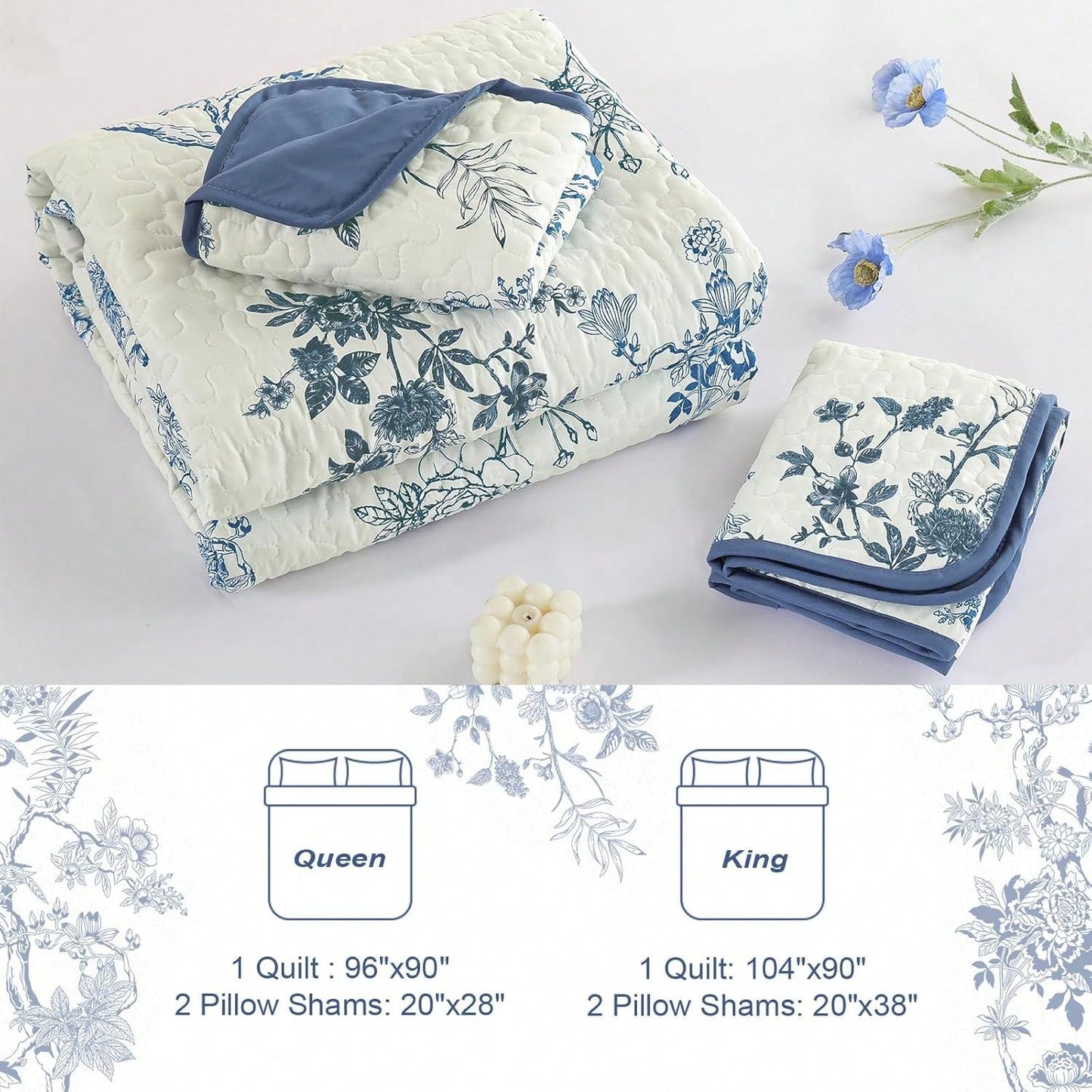 3 Piece Blue Floral Quilt Set Queen King Size, Botanical Leaf & Butterfly Pattern Bedspread Coverlet Set Bedroom Deccor, Soft Farmhouse Plants Quilts Bedding Set For Wedding Items,Home Bed Room Decor