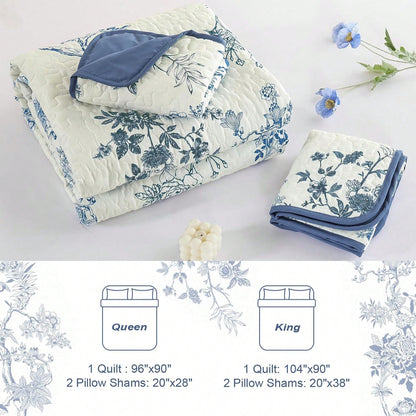 3 Piece Blue Floral Quilt Set Queen King Size, Botanical Leaf & Butterfly Pattern Bedspread Coverlet Set Bedroom Deccor, Soft Farmhouse Plants Quilts Bedding Set For Wedding Items,Home Bed Room Decor