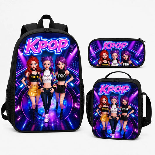 3-Piece Neon Music-Inspired Backpack Set With Lunch Bag & Pencil Case, Adjustable Straps, Side Mesh Pocket, Lightweight Daily Travel Bag Set