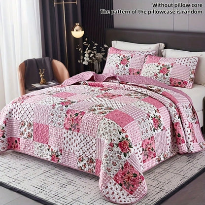 3-Piece Sweet Pink Quilted Bedspread Set With Floral Patchwork Print, Includes 1 Bedspread And 2 Pillowcases, Machine Washable, Suitable For All Seasons, Soft Breathable Comfortable Bedroom Dorm Room