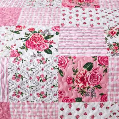 3-Piece Sweet Pink Quilted Bedspread Set With Floral Patchwork Print, Includes 1 Bedspread And 2 Pillowcases, Machine Washable, Suitable For All Seasons, Soft Breathable Comfortable Bedroom Dorm Room