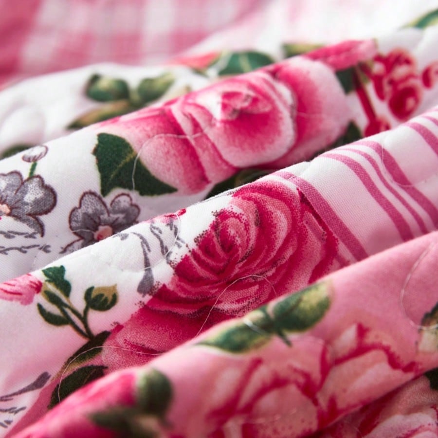 3-Piece Sweet Pink Quilted Bedspread Set With Floral Patchwork Print, Includes 1 Bedspread And 2 Pillowcases, Machine Washable, Suitable For All Seasons, Soft Breathable Comfortable Bedroom Dorm Room