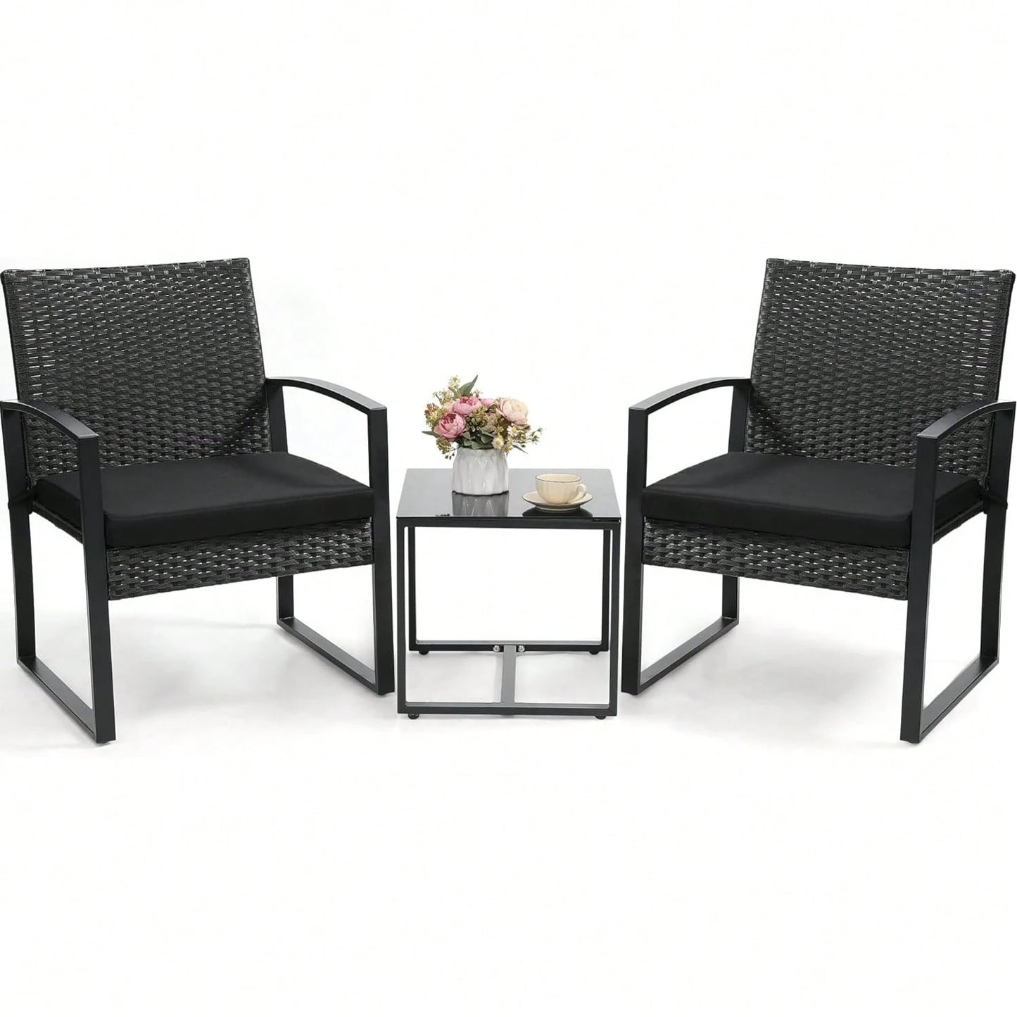 3-Piece Wicker Bistro Set, Rattan Patio Conversation Set With Coffee Table, For Backyard Garden Poolside, Black Frame & Black Cushion