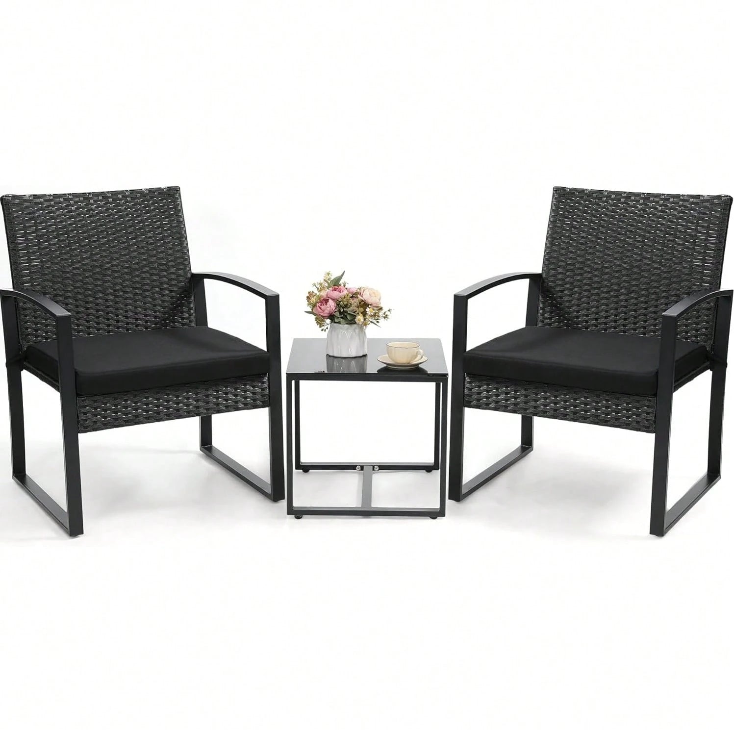 3-Piece Wicker Bistro Set, Rattan Patio Conversation Set With Coffee Table, For Backyard Garden Poolside, Black Frame & Black Cushion