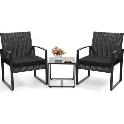 3-Piece Wicker Bistro Set, Rattan Patio Conversation Set With Coffee Table, For Backyard Garden Poolside, Black Frame & Black Cushion