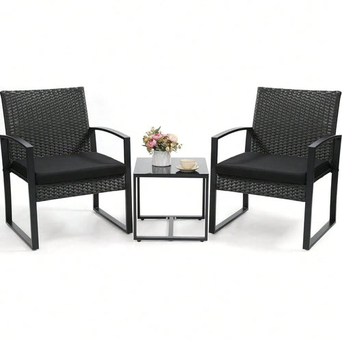 3-Piece Wicker Bistro Set, Rattan Patio Conversation Set With Coffee Table, For Backyard Garden Poolside, Black Frame & Black Cushion