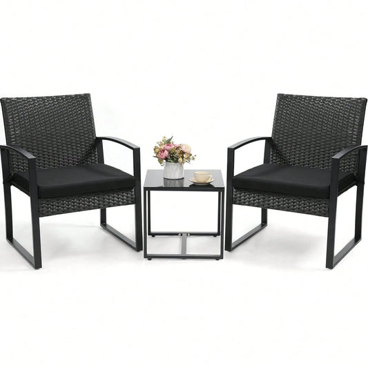 3-Piece Wicker Bistro Set, Rattan Patio Conversation Set With Coffee Table, For Backyard Garden Poolside, Black Frame & Black Cushion