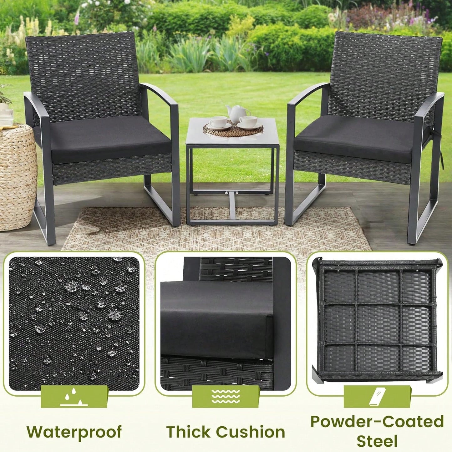 3-Piece Wicker Bistro Set, Rattan Patio Conversation Set With Coffee Table, For Backyard Garden Poolside, Black Frame & Black Cushion