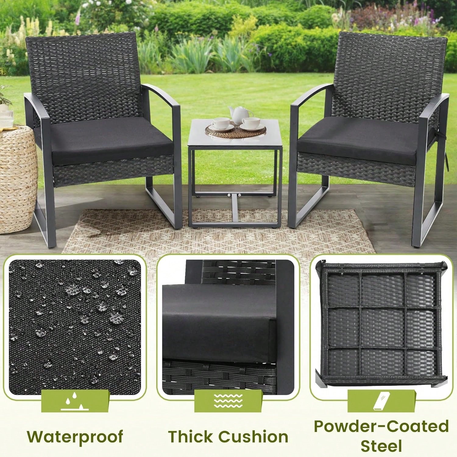 3-Piece Wicker Bistro Set, Rattan Patio Conversation Set With Coffee Table, For Backyard Garden Poolside, Black Frame & Black Cushion