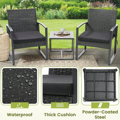 3-Piece Wicker Bistro Set, Rattan Patio Conversation Set With Coffee Table, For Backyard Garden Poolside, Black Frame & Black Cushion