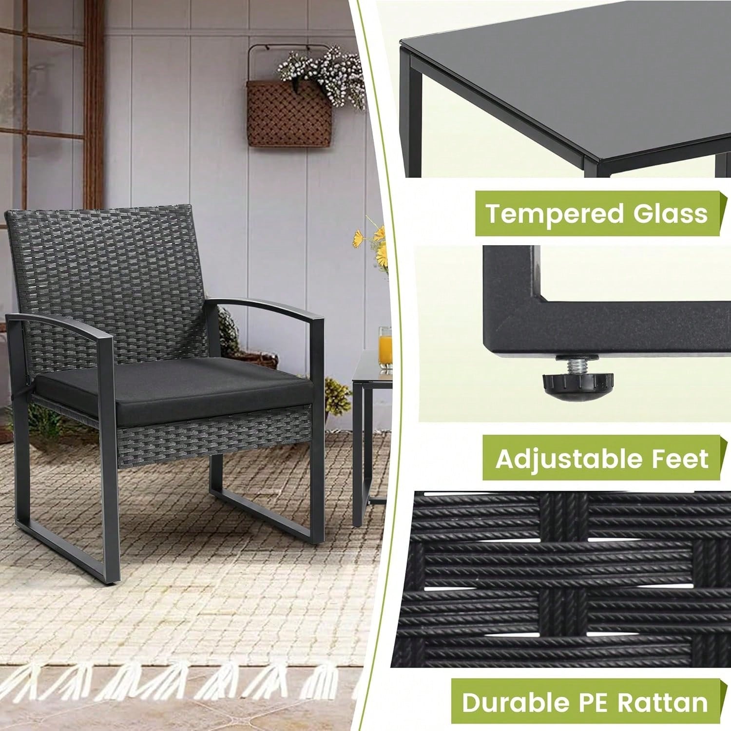 3-Piece Wicker Bistro Set, Rattan Patio Conversation Set With Coffee Table, For Backyard Garden Poolside, Black Frame & Black Cushion
