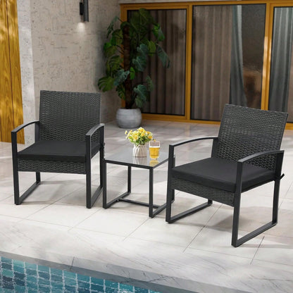 3-Piece Wicker Bistro Set, Rattan Patio Conversation Set With Coffee Table, For Backyard Garden Poolside, Black Frame & Black Cushion